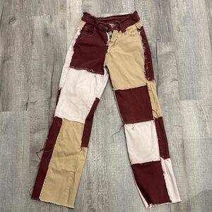 Amazon Women's Straight Leg Patchwork Jeans - Burgundy, Beige, Neutral
